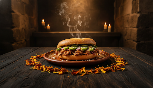 Torta servida entre velas y pétalos de cempasúchil